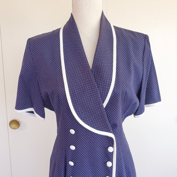 Vintage Studio I 60's Style Short Sleeve Navy White Polka Dot Work Office Dress - Picture 2 of 8